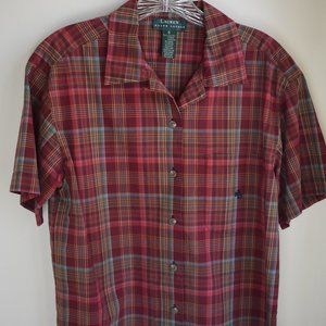 Brick red Ralph Lauren madras short-sleeve button down shirt